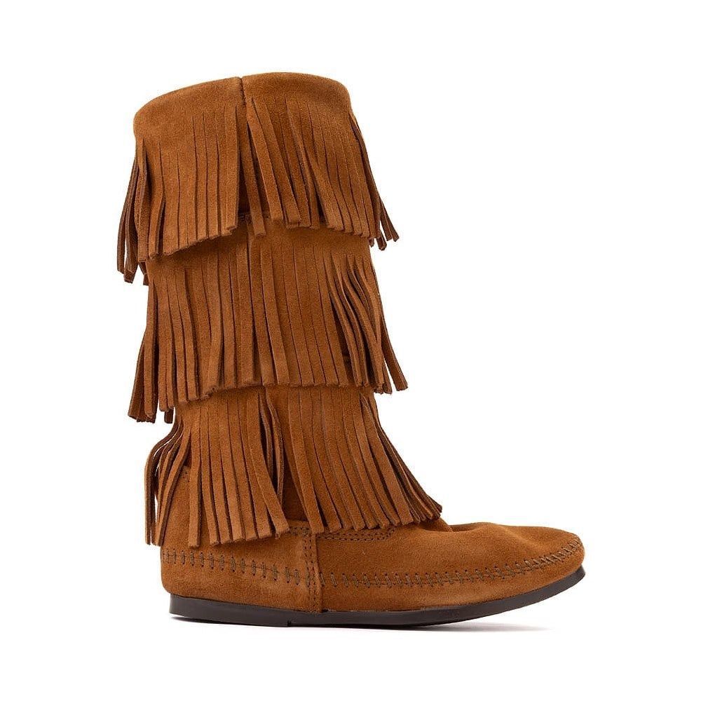 Minnetonka Women's Calf 3 Layer Triple Fringe Leather Suede Moccasin Boots 8